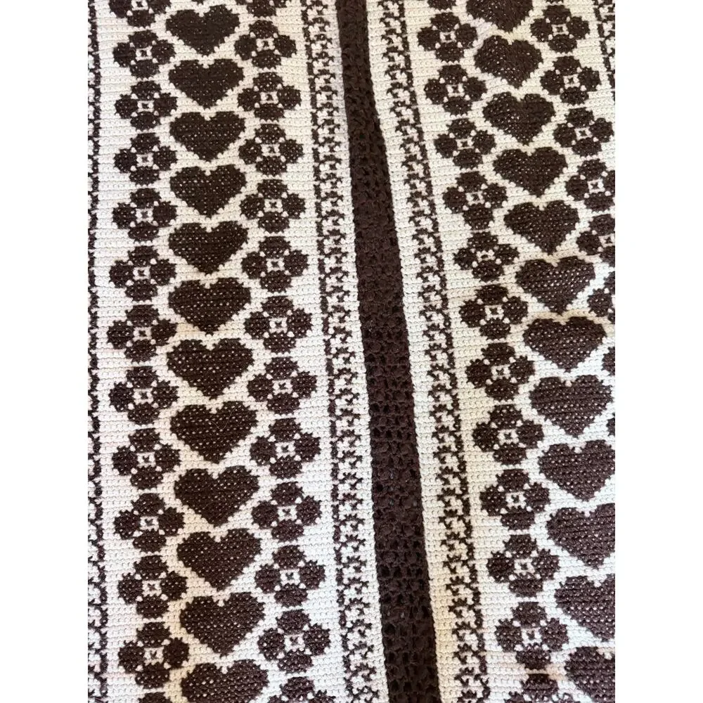 Handmade Vintage Heart & Flowers Motif Crochet Cream & Brown Throw Blanket 54x45